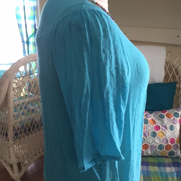 Never Worn Beaded Aquamarine blue gauze Tunic 14 - Picture 3 of 5